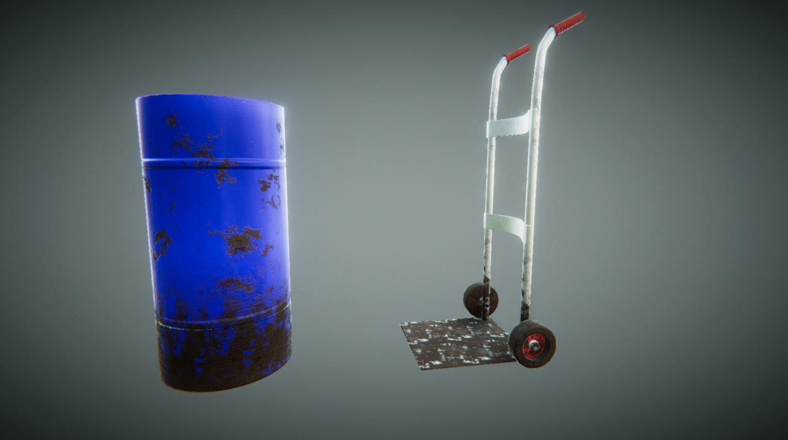 MetallicBarrel hand truck and barrel Low-poly 3D model_3
