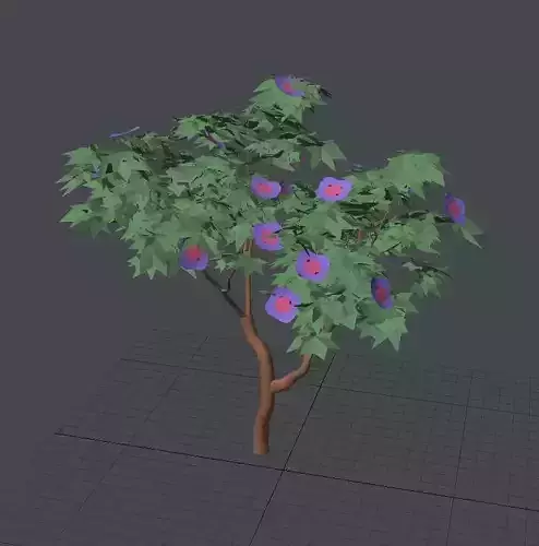 Cartoon style tree with big purple flowers