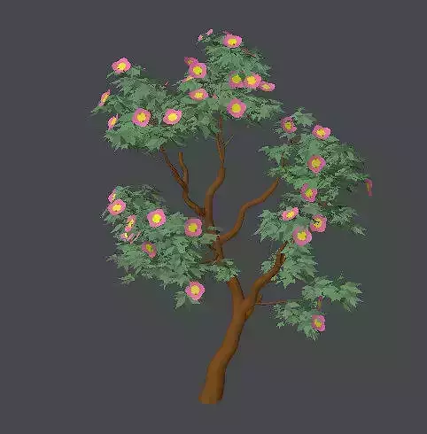 Cartoon style tree with big pink flowers