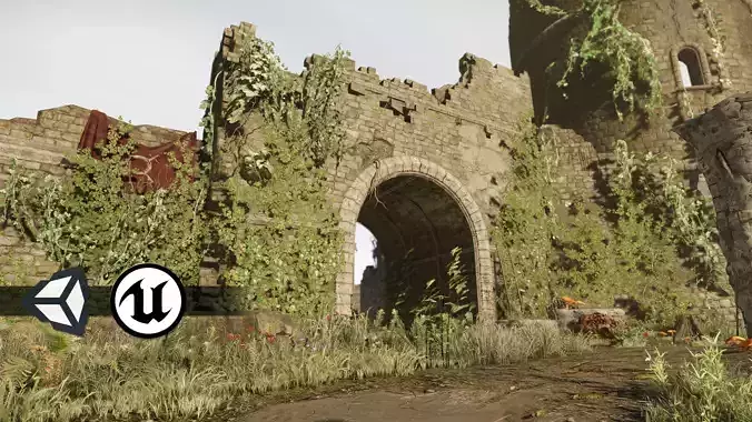 Castle Ruins Environment - PBR Medieval Props and Vegetation Low-poly 3D model