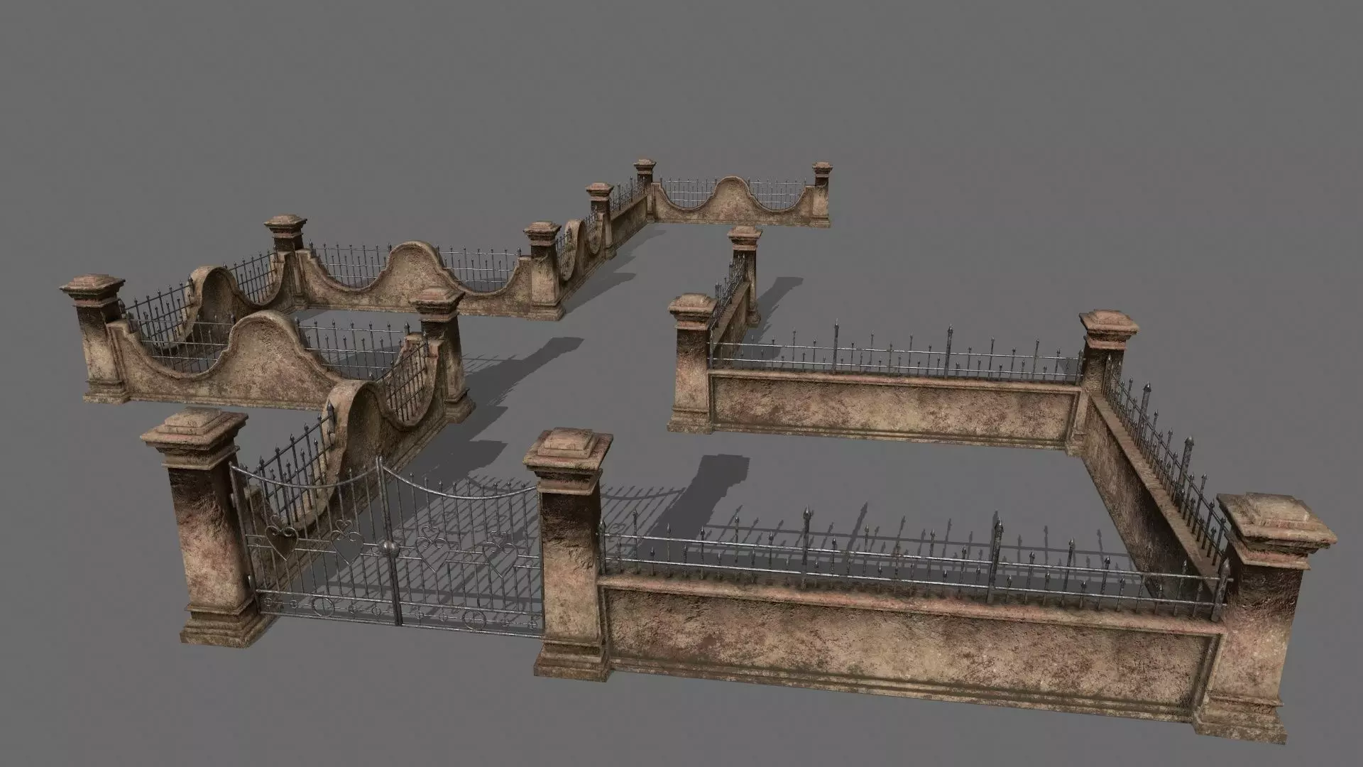 wall set stone with iron railings Low-poly 3D model_0