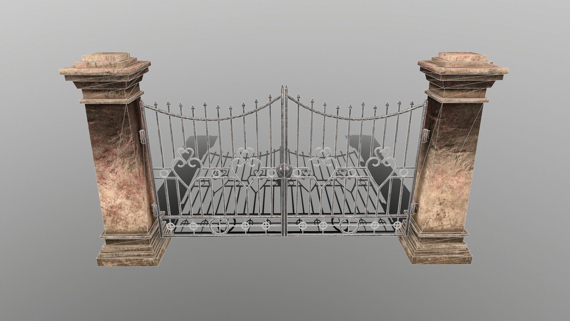 wall set stone with iron railings Low-poly 3D model_3