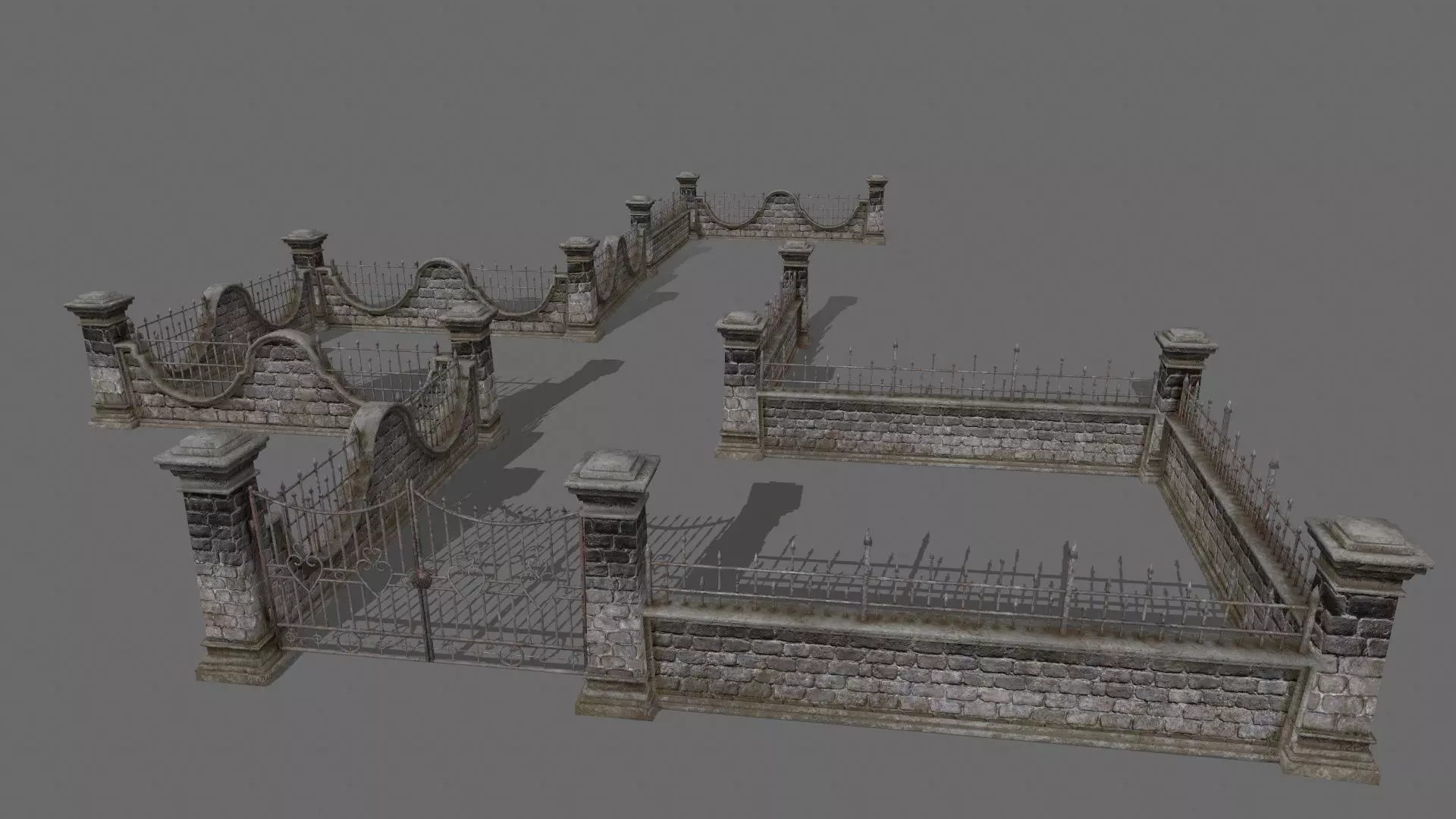 wall set stone with iron railings Low-poly 3D model