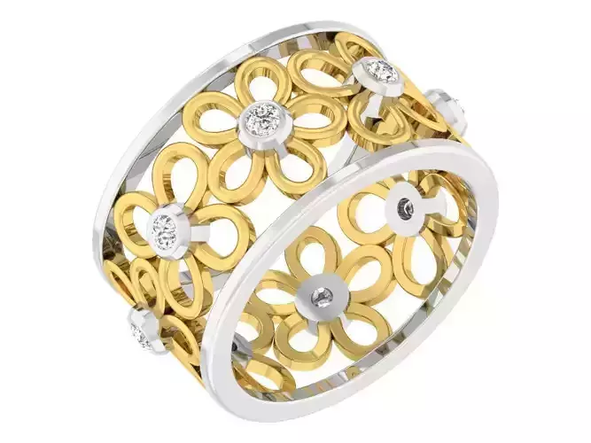 Wide Band Floral Design Engagement Ring