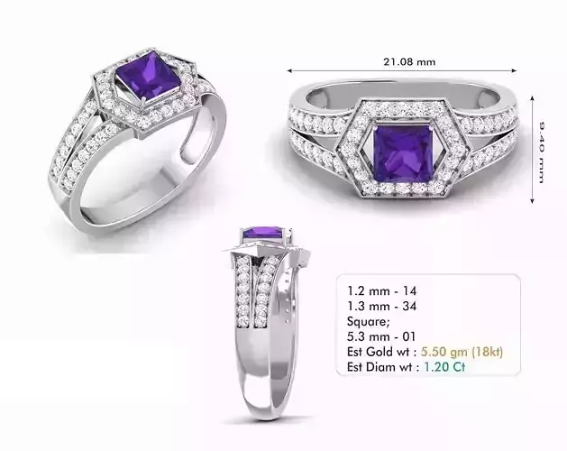 Hexagon Shaped Engagement Ring With Purple Gem