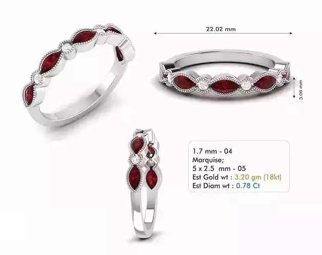Engagement Ring With Ruby and Diamonds 2 3D print model