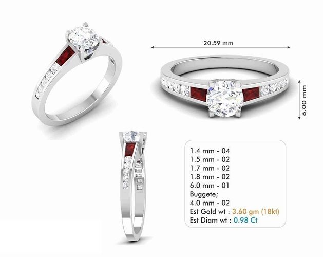 Engagement Ring With Ruby and Diamonds 3 3D print model