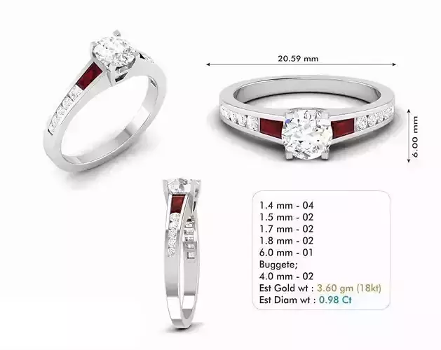 Engagement Ring With Ruby and Diamonds 3 3D print model