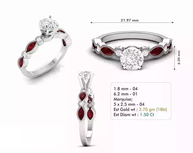 Engagement Ring With Ruby and Diamonds 4 3D print model