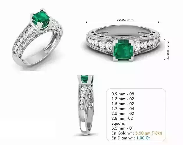 Silver Color Engagement Ring With Emerald