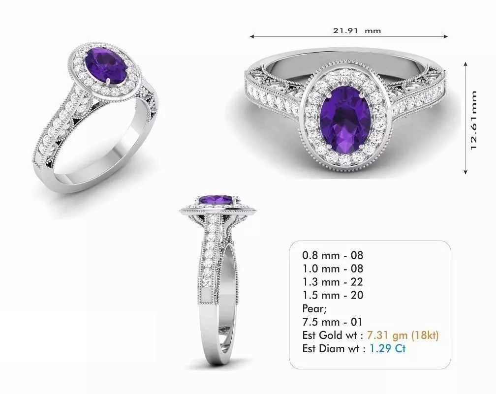 Silver Color Oval Engagement Ring With Purple Gem 3D print model