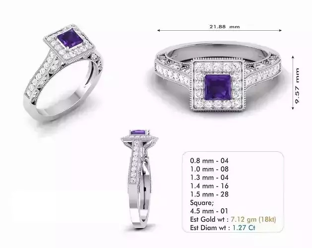 Square Halo Engagement Ring With Purple Gem