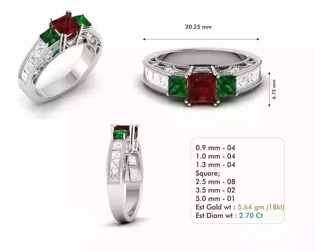 Engagement Ring With Colorful Gemstone 3 3D print model