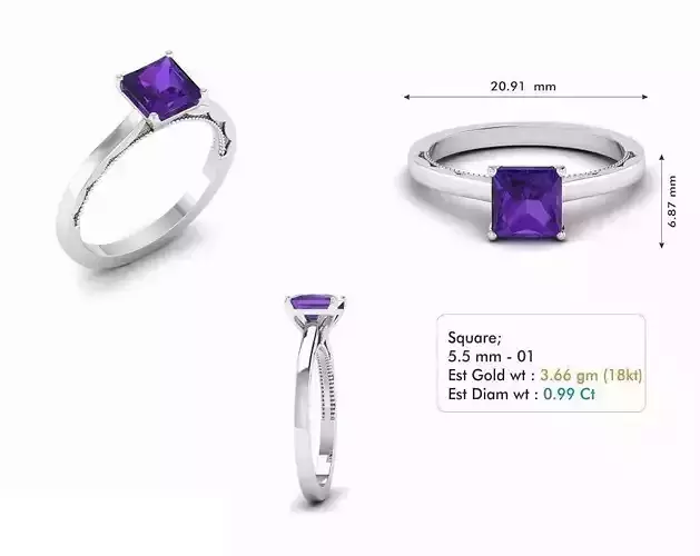 Square Thin Engagement Ring With Purple Gem
