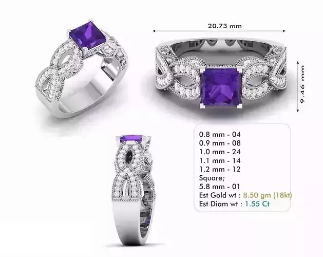 Twisted Engagement Ring With Purple Gem 3D print model