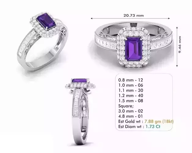 Rectangular Halo Engagement Ring With Purple Gem
