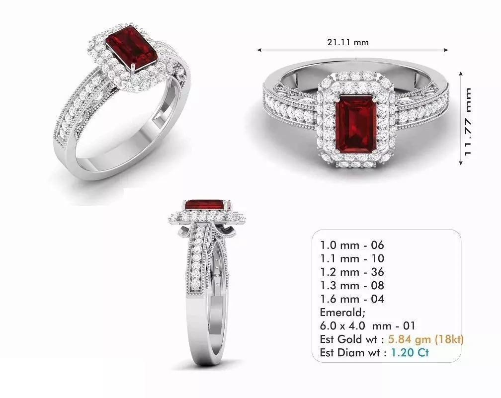 Halo Rectangular Engagement Ring With Ruby 3D print model_0