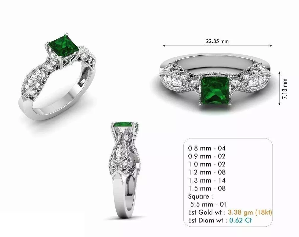 Silver Color Engagement Ring With Emerald 9 3D print model_0
