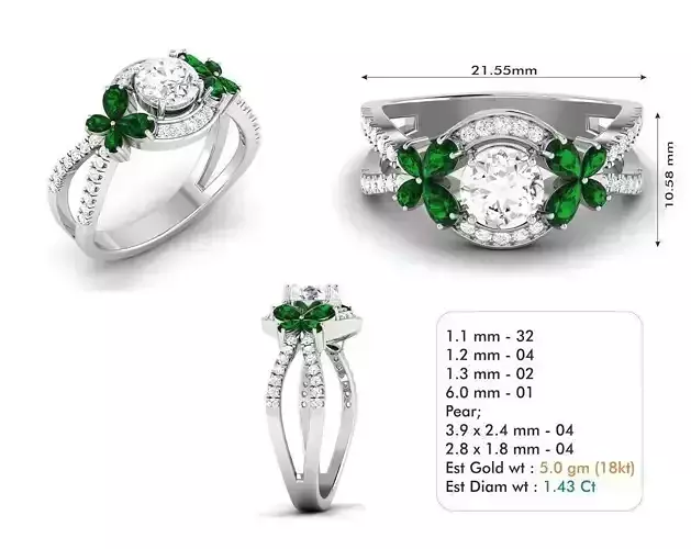 Floral Design Ring With Emeralds and Diamonds