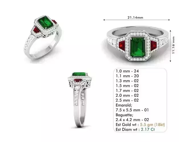 Rectangular Halo Ring with Emeralds and Ruby