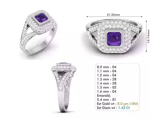 Square Halo Ring with Diamonds and Purple Gem