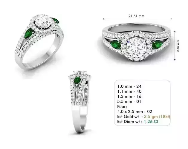 Round Halo Ring with Diamonds and Emerald
