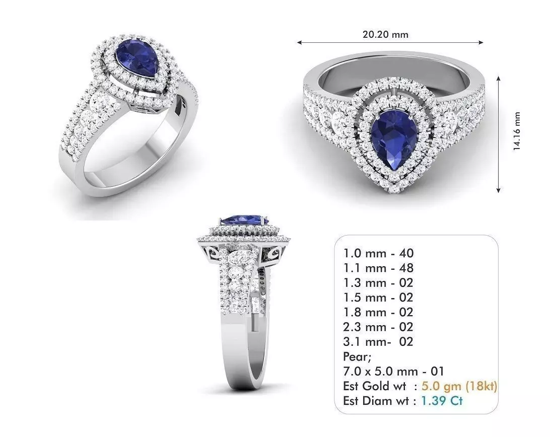 Drop Shaped Halo Ring with Sapphire 3D print model_0
