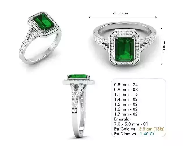 Rectangular Halo Ring with Diamonds and Emerald