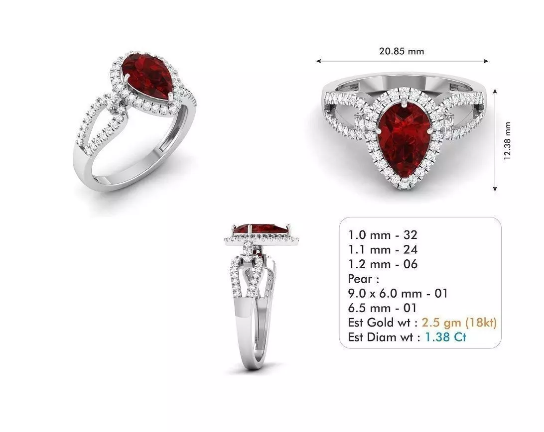 Drop Shaped Halo Ring with Ruby 3D print model_0