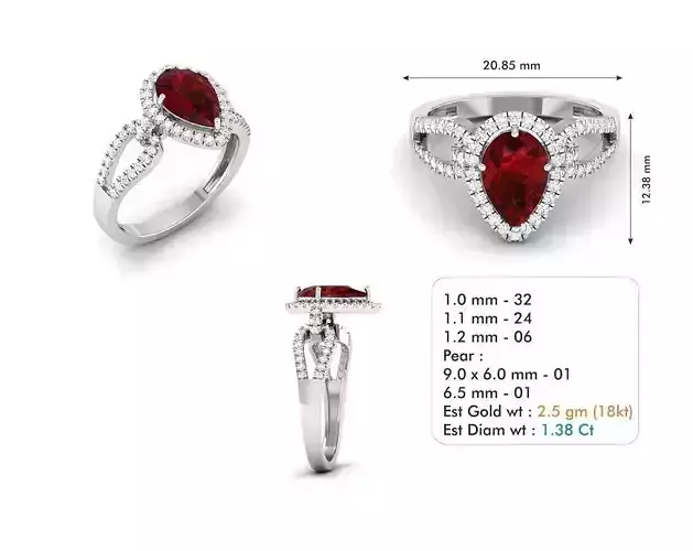 Drop Shaped Halo Ring with Ruby 3D print model