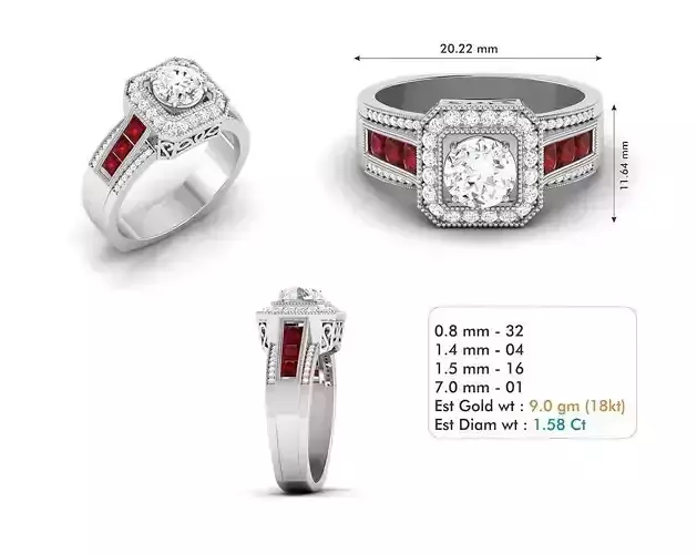 Square Halo Ring With Diamonds and Ruby