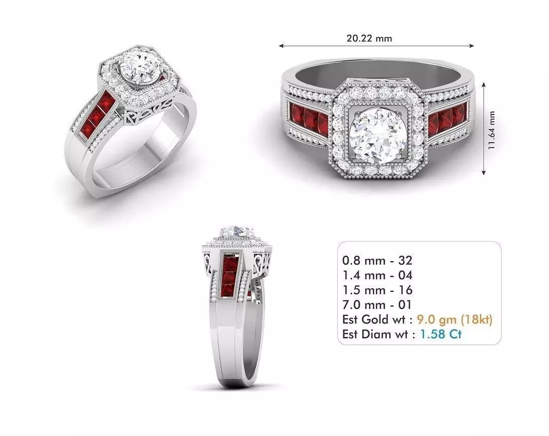Square Halo Ring With Diamonds and Ruby 3D print model_0
