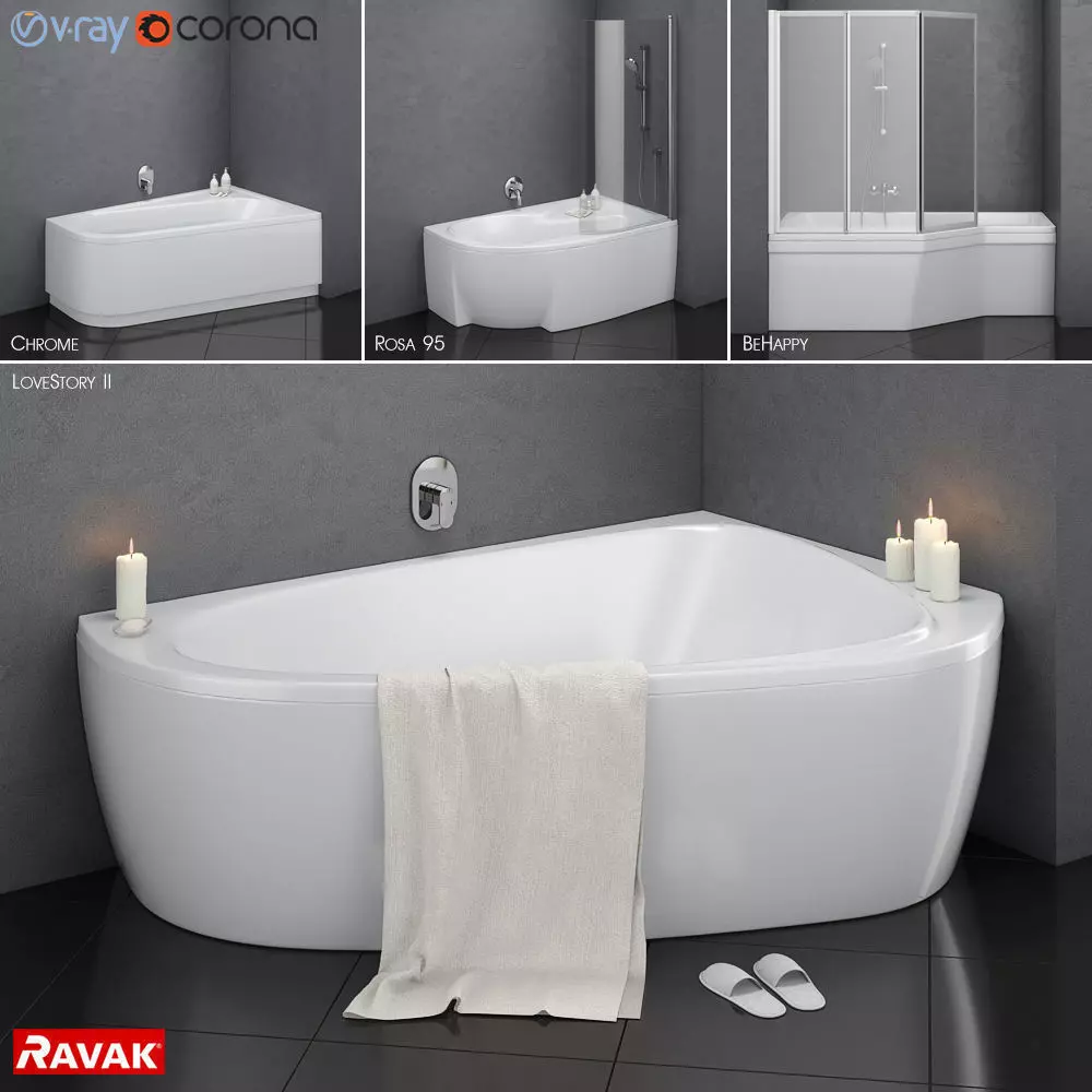 Set of baths Ravak set 14 -LoveStory -Chrome -Rosa 95 -BeHapp 3D model_0