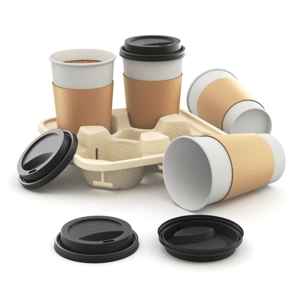 Takeout Coffee Cup with Lid and Holder 3D model_4