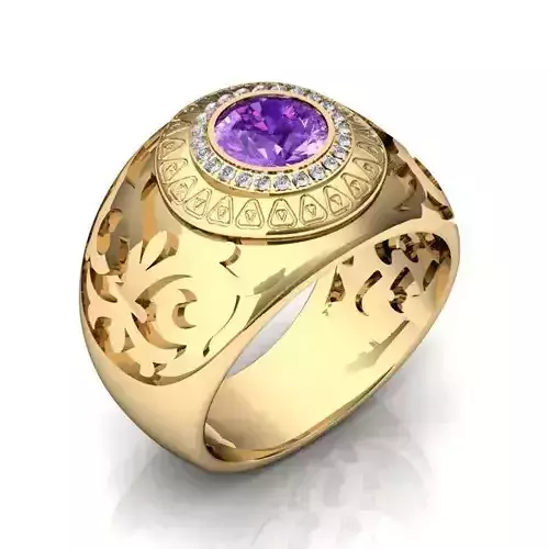 Thick Golden Ring with Round Purple Gem