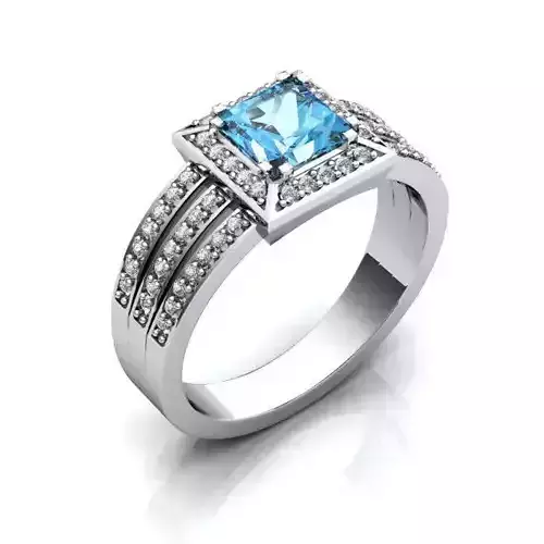 Square Halo Silver Ring With Sky Blue Gem