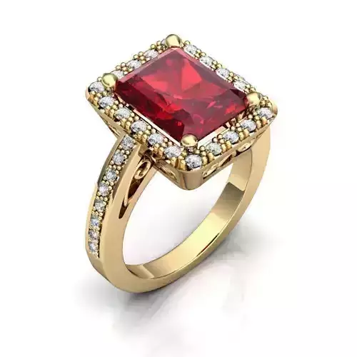 Golden Halo Rectangular Ring With Ruby