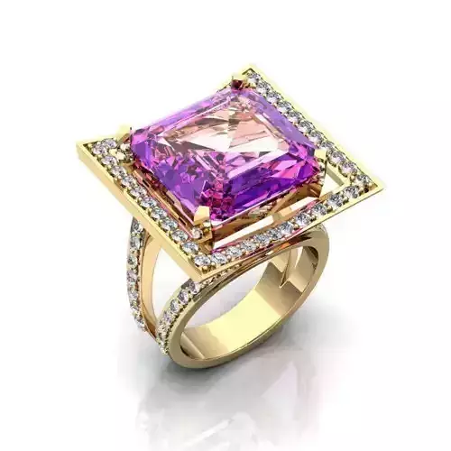 Square Golden Halo Engagement Ring With Gemstone