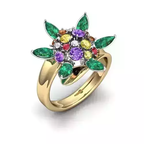 Flower Shaped Spiral Ring with Multicolor Gemstones