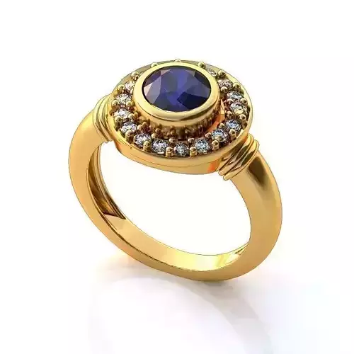 Golden Round Halo Ring With Sapphire