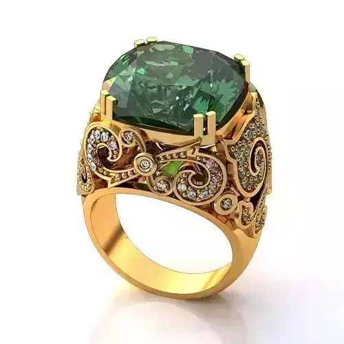 Thick Golden Floral design Ring With Emerald
