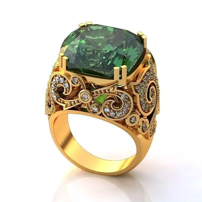 Thick Golden Floral design Ring With Emerald 3D print model