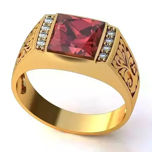 Golden Carved Engagement Ring With Ruby 3D print model