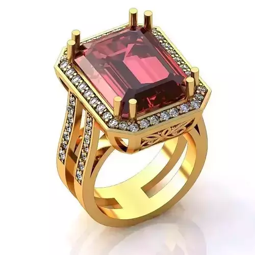 Rectangular Halo Large Golden Ring with Ruby