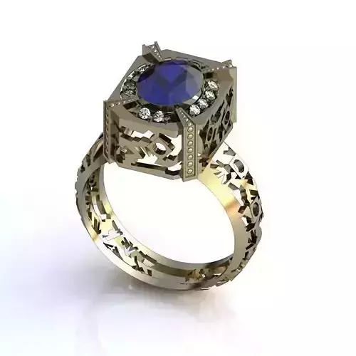 White Gold Carved Rectangular Ring With Sapphire