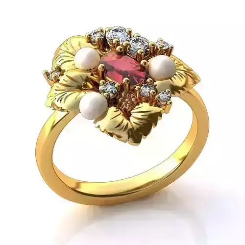 Floral Engagement Ring With Ruby and Pearls