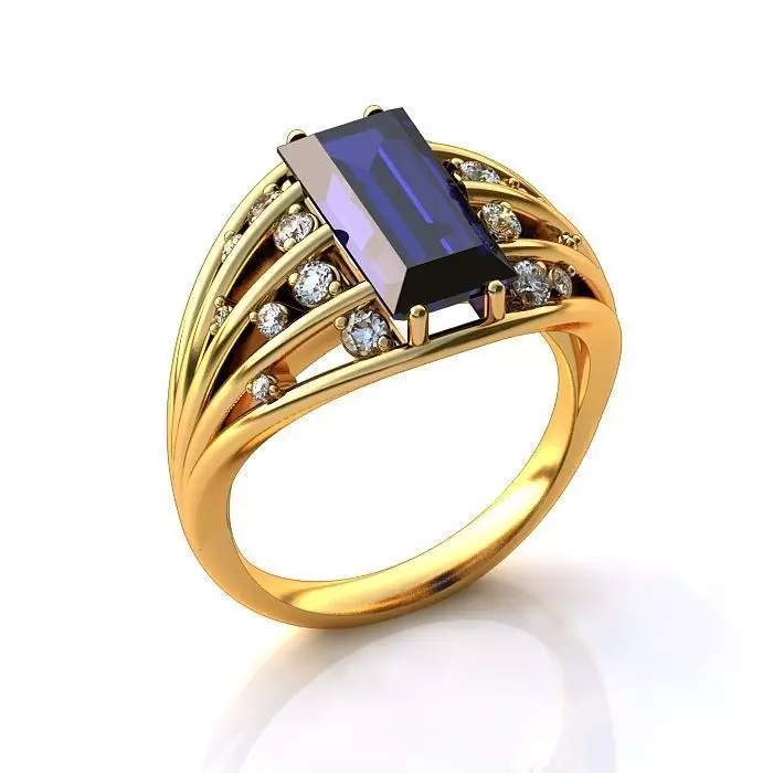 Golden Engagement Ring With Rectangular Sapphire 3D print model_0