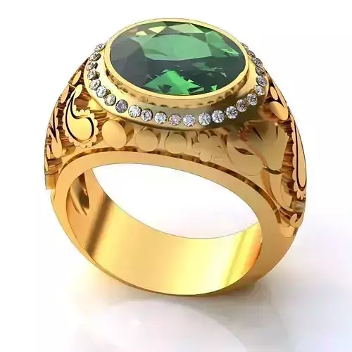 Golden Thick Halo Ring with Oval Emerald