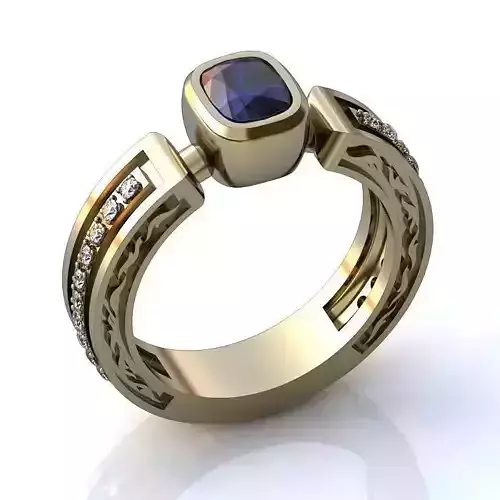 White Gold Carved Ring With Sapphire