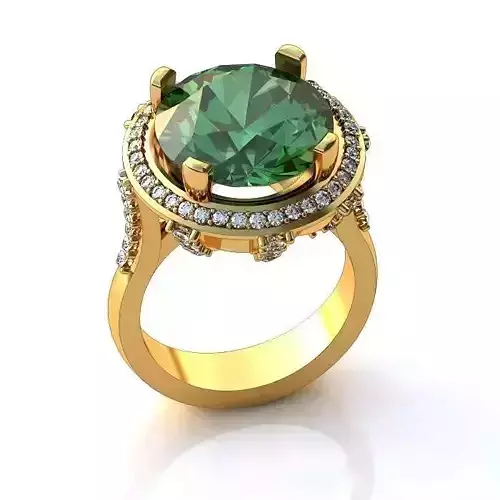 Golden Round Halo Ring With Emerald